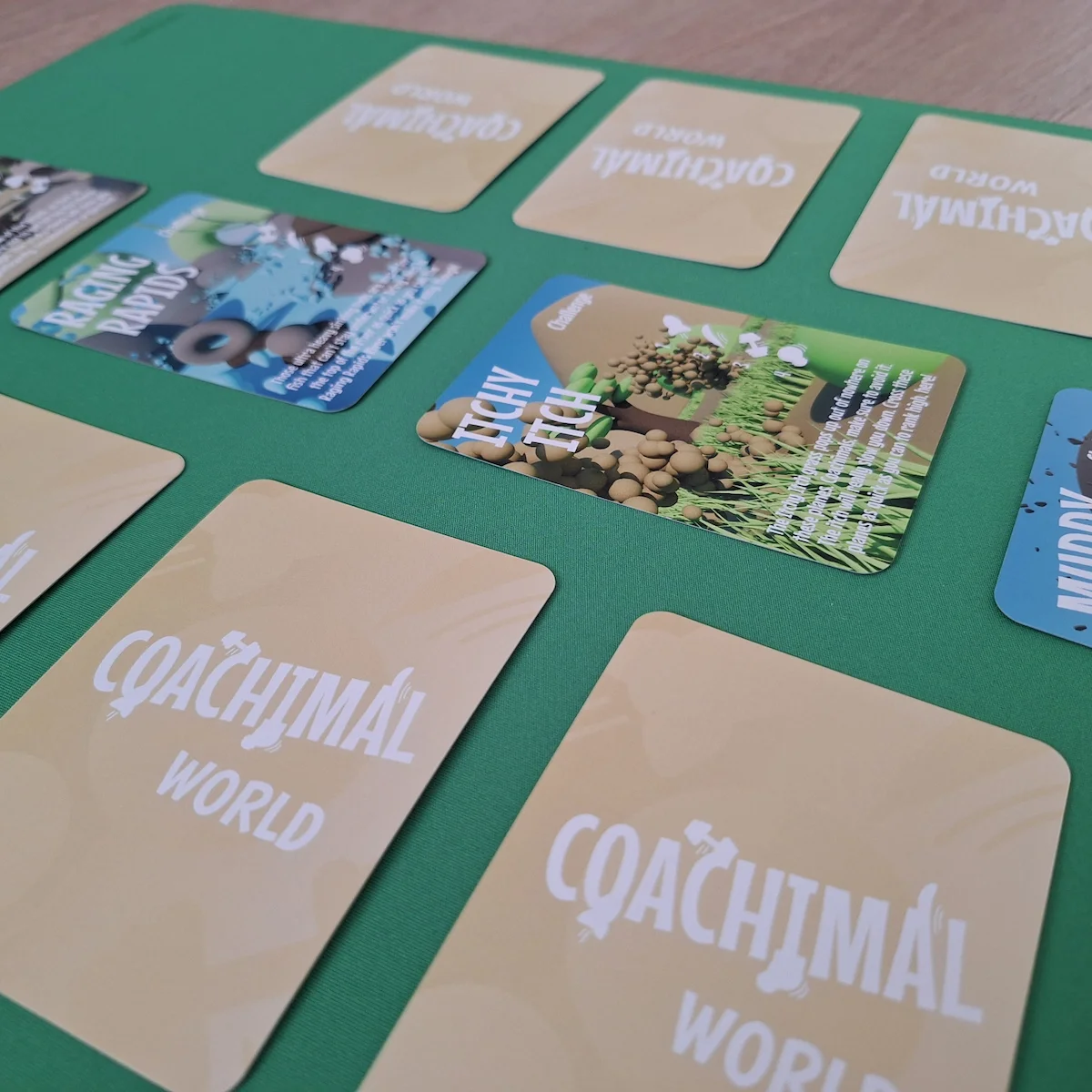 Close-up of the Coachimal World Cards on the Playmat.